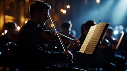 Fototapeta premium Live Symphony Performance, Musicians on Dimly Lit Stage 