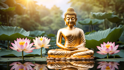 Obraz premium Thai golden Buddha statue and lotus flower. heaven background