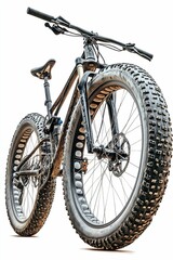 Black mountain bike with large tires.