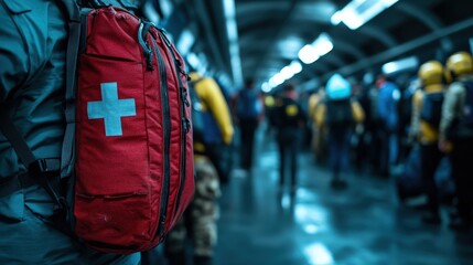 Obraz premium A vibrant red backpack with a white cross stands out in a bustling train station, highlighting themes of preparedness, public spaces, and human interactions.