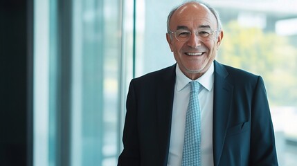 Fototapeta premium Professional businessman in a formal suit smiling confidently in an office environment, showcasing success and approachability for corporate imagery.