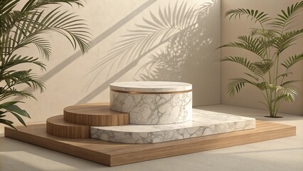 Obraz premium Minimalist marble and wood podium on the cream background, 3d rendering, 3d illustration 