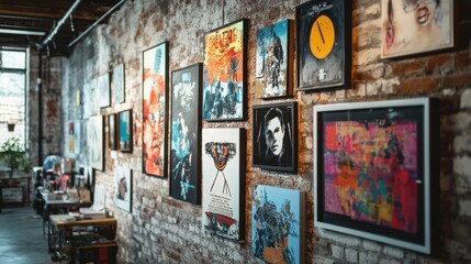Fototapeta premium A collection of diverse design styles displayed on a wall, highlighting evolution of graphic design through different eras.