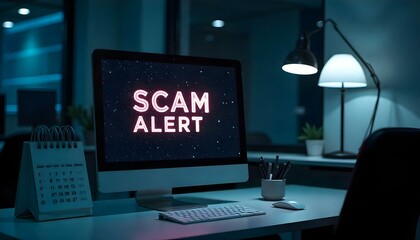 Naklejka premium Scam Alert written on a digital screen in a business office