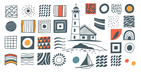 Fototapeta premium lighthouse sailboat geometric shapes patterns minimal style, hand element ethnic drawn