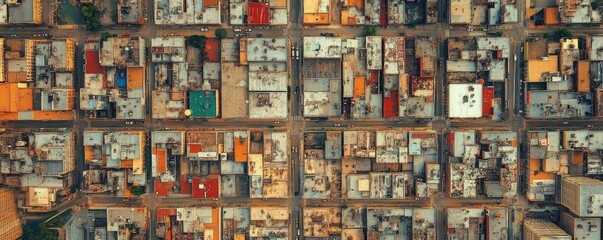 Aerial view of a cityscape showcasing a grid of streets and buildings.