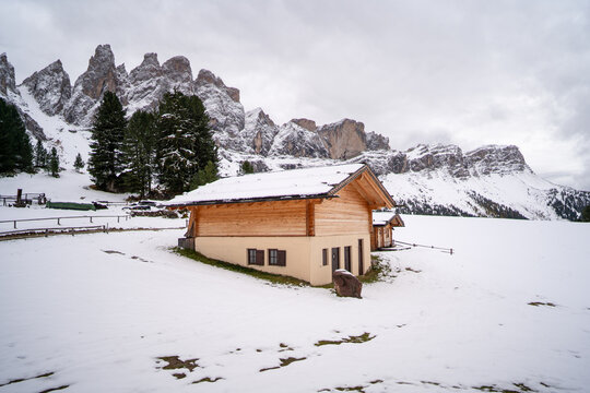 Snow-Covered Cabin in Scenic Dolomites Natural Park, Italy