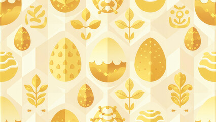 A design of decorative Easter eggs in golden color with intricate patterns arranged in a seamless pattern on a soft beige background with decorative elements. Holiday Banner Concept