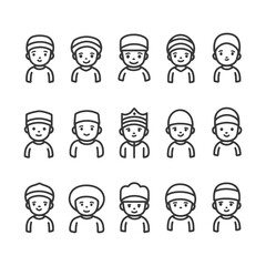 A collection of 15 line art icons depicting smiling children wearing various hats