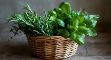 Naklejka premium Fresh basil, rosemary, thyme in wicker basket on rustic background