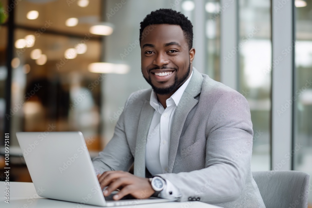 Aufkleber a professional businessman engaged in remote work while situated in a contemporary office environmen