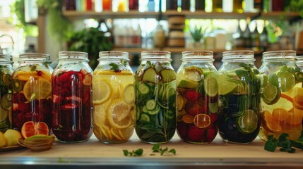 A table is decorated with jars of local fruits and herbs signifying the use of natural ingredients in the sodas.