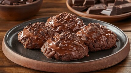 Fototapeta premium Plate of gooey chocolate cookies with soft centers, garnished with chocolate shavings, creating a delightful snack moment