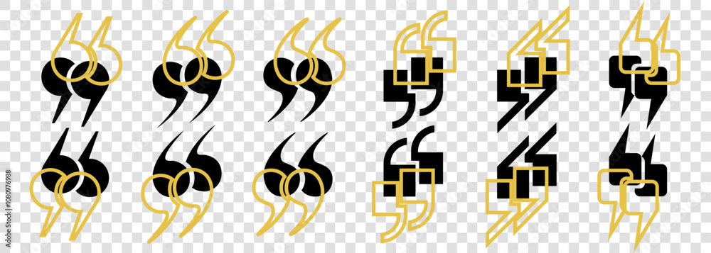 Fototapete a set of black quotation mark icons and yellow outlines on a transparent background. quotes, isolate