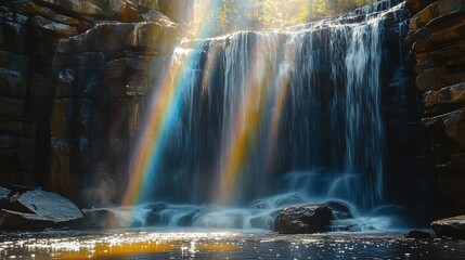 Majestic Waterfall with Rainbow Light