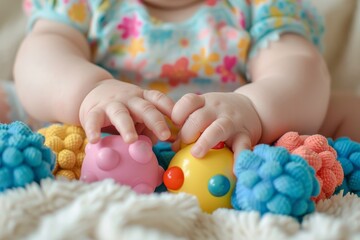 A close-up shot of a babys chubby hands holding colorful toys while sitting on a white blanket A baby's chubby hands grasping onto a toy