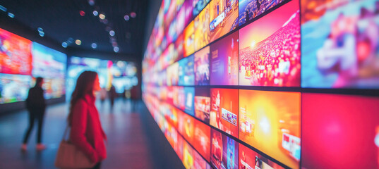 Woman walking in gallery observing colorful video wall showing city, travel and technology