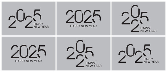 2025 Happy New Year logo gold text design set. 2025 luxury number design template. Big collection of 2025 Happy New Year symbols. Hand drawn vector illustration brush stroke numbers logo. Grey Backgro