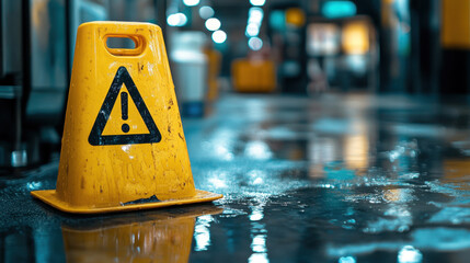 Exclamation mark, !. A wet floor warning sign is prominently displayed on a slick, reflective surface, indicating a potential slipping hazard in a public space.