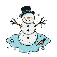 The snowman has melted. Hello Spring. spring thaw. flat vector illustration in cartoon style isolation on a blue background.