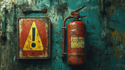 Exclamation mark, !. A weathered fire extinguisher and caution sign against a textured blue wall, reflecting age and signs of wear.