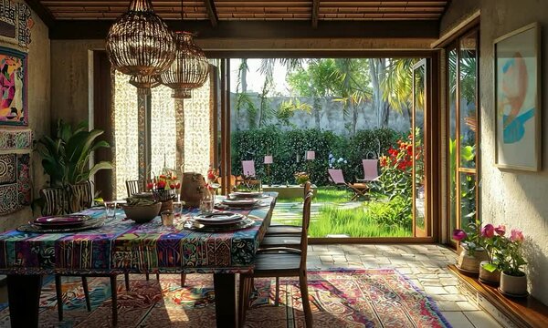 Bohemian dining room with vibrant textiles, eclectic decor, and a view of a lush garden