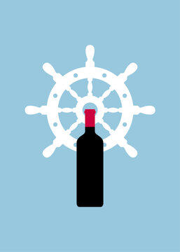 recommend clip art: Logo beach bar. Banner con silueta de botella de vino o bebida alcohólica con rueda de timón de barco