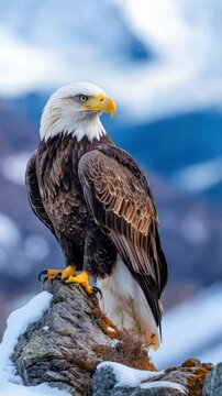 A bald eagle stands proudly on a rock surrounded by snow in a breathtaking winter mountain setting, showcasing its powerful presence. Vertical video
