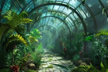 A verdant biodome with a glass ceiling and lush plant life A bio-dome filled with lush, futuristic plant life