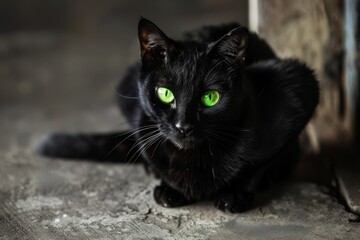 A black cat with green eyes stares intently at the camera, its arched back and focused gaze suggesting a sense of mystery and perhaps even danger A black cat with arched back and glowing green eyes
