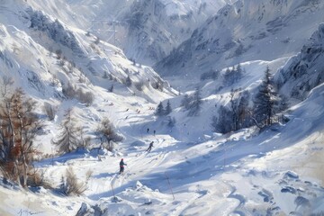 A panoramic view of a snow-covered mountain valley with skiers winding their way down the slopes A bird's eye view of skiers winding their way through a snowy valley