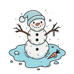 The snowman has melted. Hello Spring. spring thaw. flat vector illustration in cartoon style isolation on a blue background.