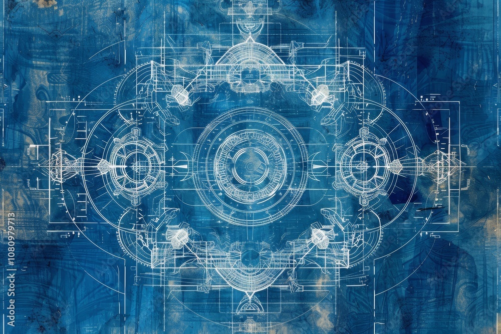 Poster a blueprint design with intricate geometric patterns and circular shapes, rendered in white against 