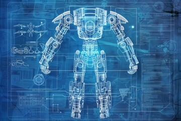 A digital blueprint diagram showcasing an advanced robotics prototype A blueprint diagram of an advanced robotics prototype