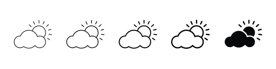 Set 5 weather icons 1 unexpanded vector 1 silhouette, Weather forecast icon set featuring clouds sunny days moon snowflakes wind & sun in vector illustration