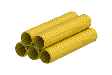 Stack of corrugated hoses isolated on white background. Hdpe pipes. Plastic tube. 3d render
