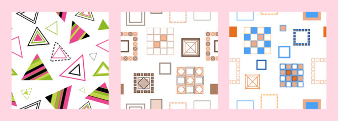 Seamless pattern of geometric shapes. Bright seamless pattern. Set of 3 patterns. Design for fabric, wallpaper, wrapping paper. Vector