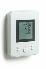 A white thermostat with a digital display.