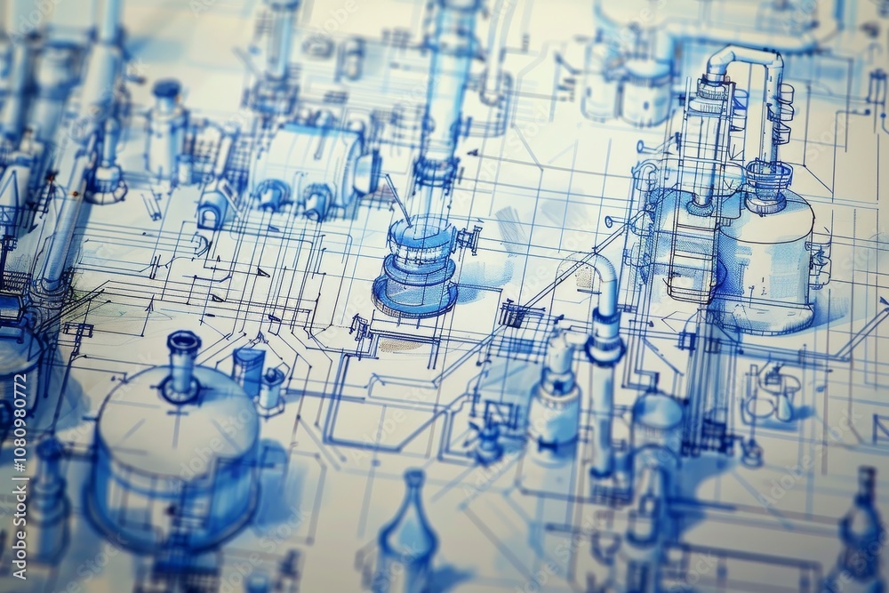Poster a close-up view of a detailed blueprint sketch of a complex machinery system a blueprint sketch of a