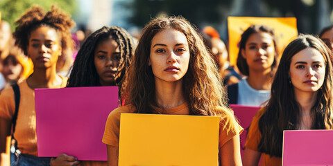 Young women participate in a peaceful protest holding colorful signs during daylight in an urban setting