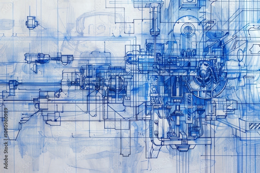 Poster a close-up of a blueprint sketch depicting a complex machinery system with intricate details and var