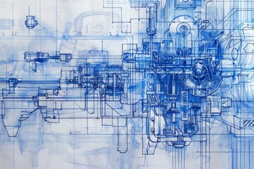 A close-up of a blueprint sketch depicting a complex machinery system with intricate details and various components A blueprint sketch of a complex machinery system