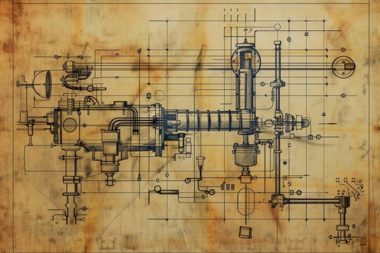 A blueprint sketch depicting a detailed design of a complex machinery system A blueprint sketch of a complex machinery system