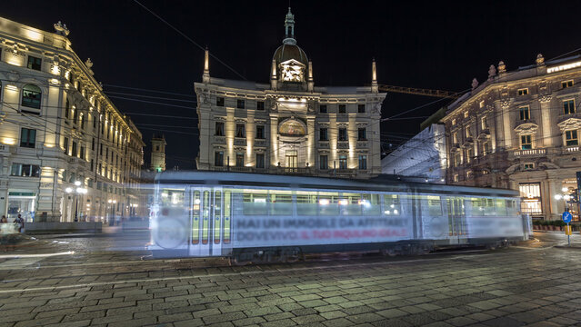 Piazza Cordusio is an important commercial square in the city night timelapse hyperlapse