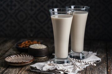 Tiger nut milk. Refreshing cold drink from Valencia. Horchata de chufa. Horchata with rice