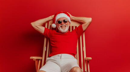 Fototapeta premium Photo of cheerful handsome pensioner in Santa Claus costume smiling sitting in deck chair holding hands behind head over red background.