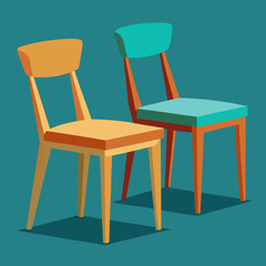 Fototapeta premium Mid-Century Modern Chairs: A pair of stylish mid-century modern chairs in teal and mustard yellow, rendered in a low-polygraphic style against a teal background. Perfect for interior design projects.