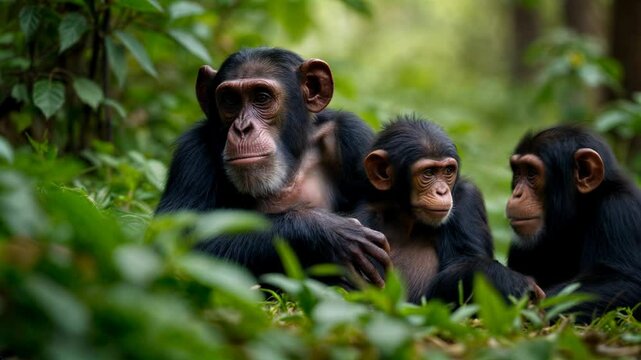 Playful interactions of three chimpanzees in a lush forest setting during the afternoon hours