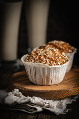 Home Baked Superfood Muffins With Oats, Seeds, Banana, Honey and nut milk. Healthy food and health life