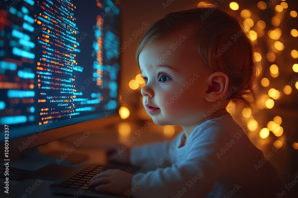 Poster A baby sits in front of a computer screen with code displayed on it, looking at the screen with a curious expression. The background is blurred, and the lights are warm and inviting.